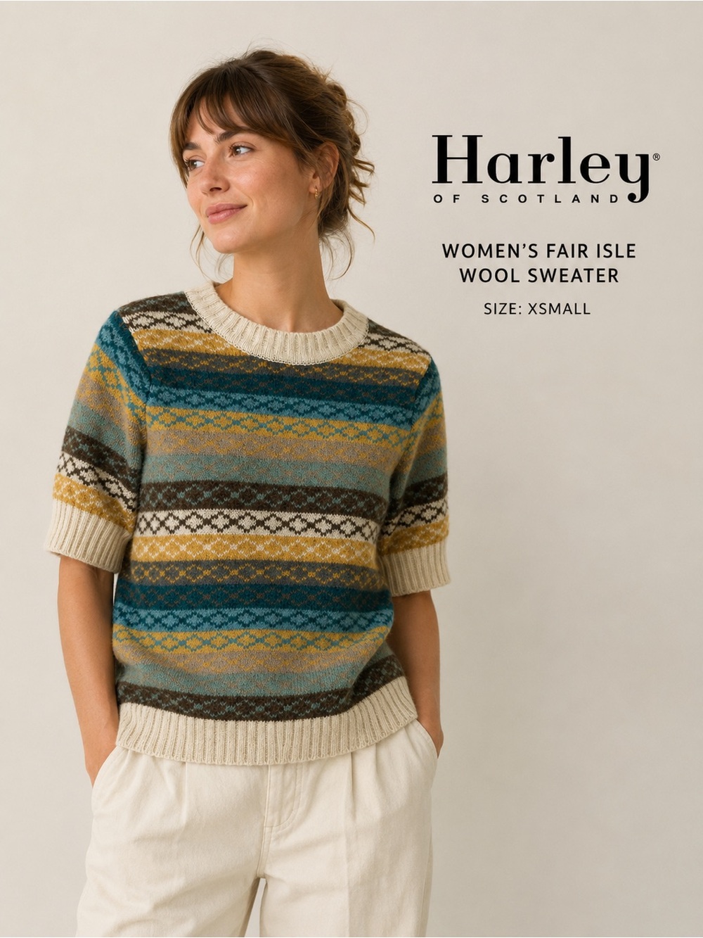 Harley of Scotland XSmall Fair Isle Short Sleeve Wool Sweater